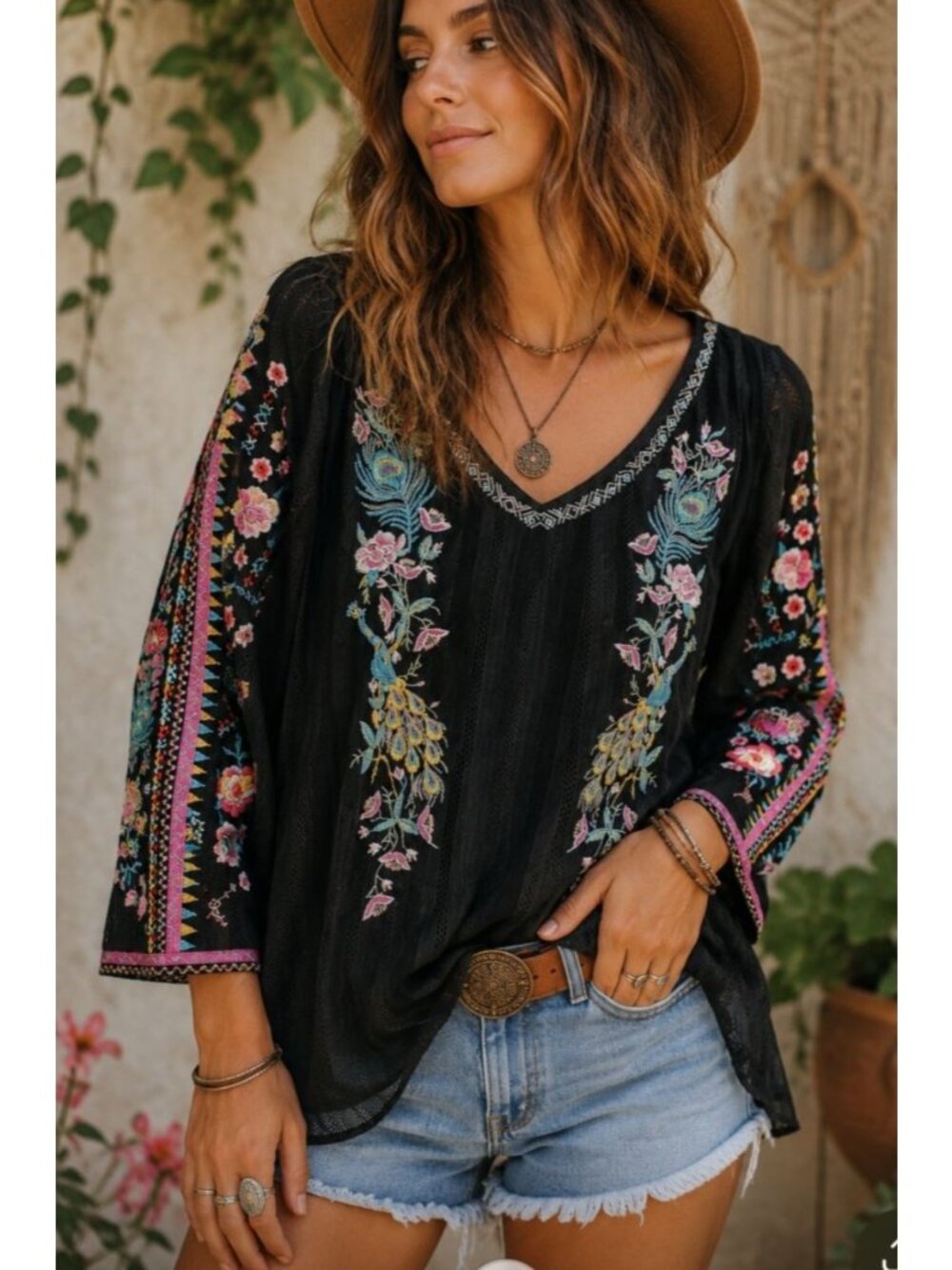 Paris Hues Blouse Boho Embroidered Mesh Overlay Lightweight Pullover Large Blk